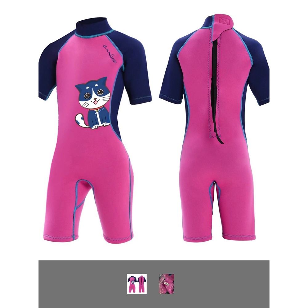 OMGear Shorty Wetsuit Kids Size 8 Pink New 3mm Neoprene Cat Graphic Back Zip